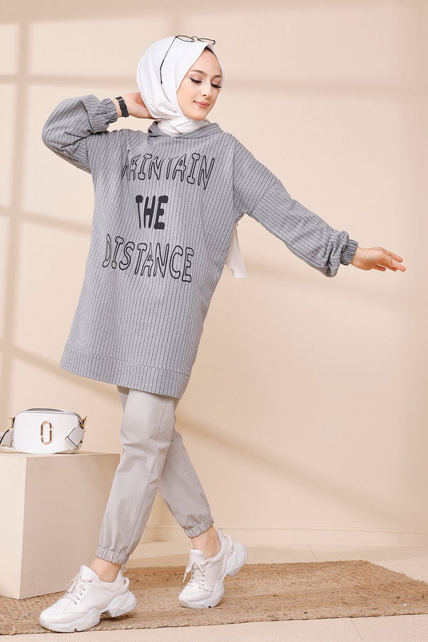 Düz Kapşonlu Yaka Kadın Gri SWEAT - 4185 GRİ