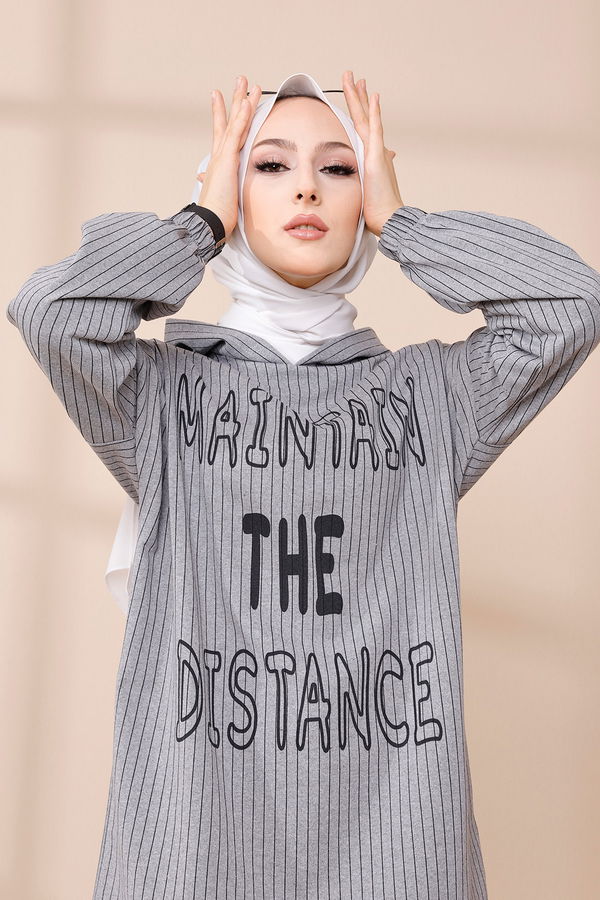 Düz Kapşonlu Yaka Kadın Gri SWEAT - 4185 GRİ