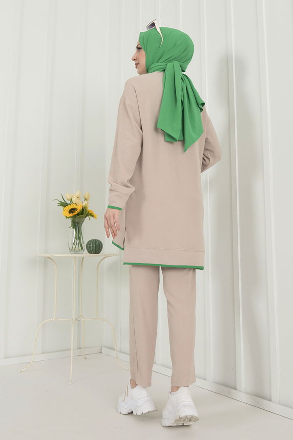 Düz Bisiklet Yaka Kadın Bej Tunik+Pantolon - 22351 BEJ