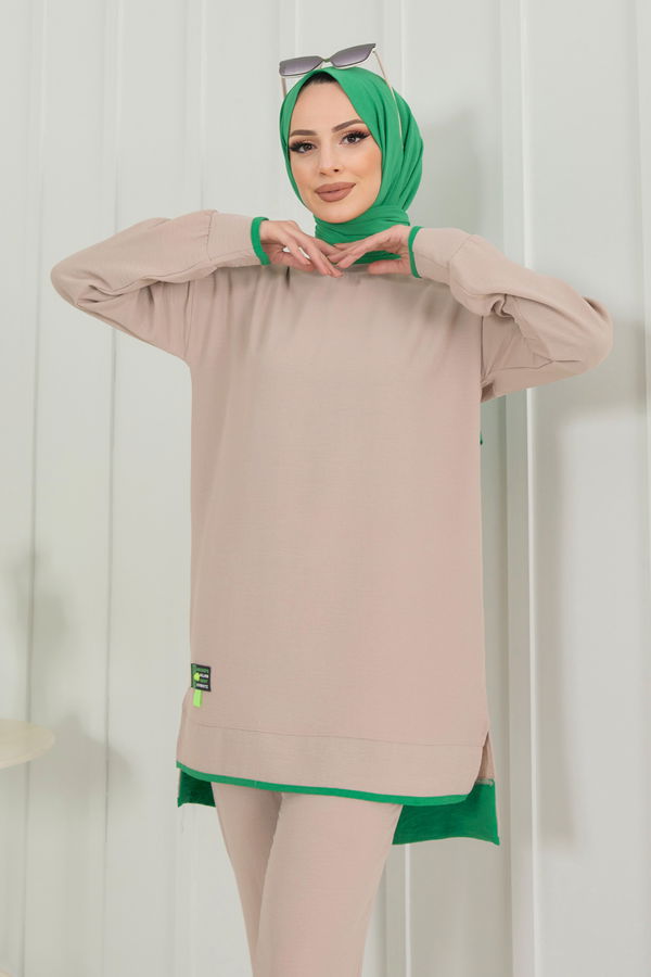 Düz Bisiklet Yaka Kadın Bej Tunik+Pantolon - 22351 BEJ