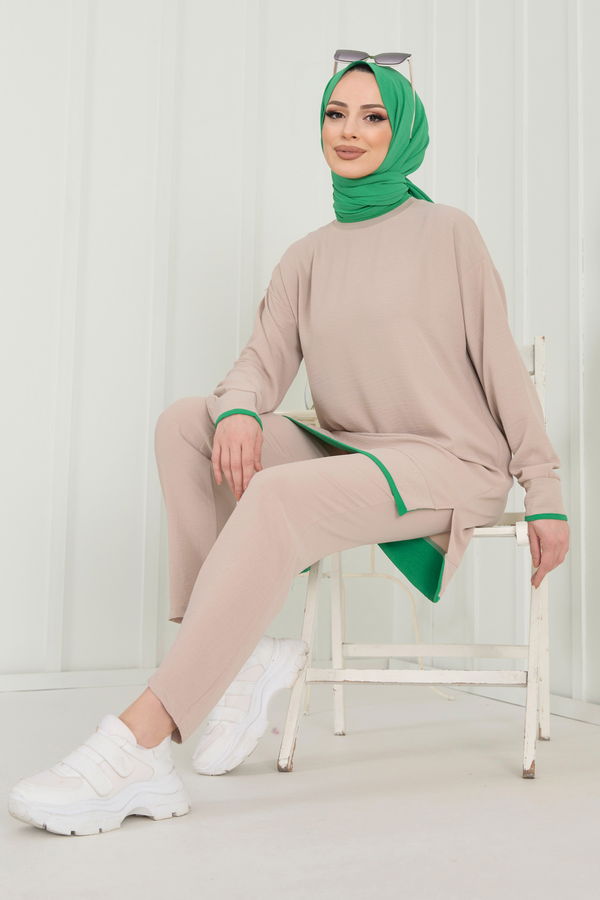 Düz Bisiklet Yaka Kadın Bej Tunik+Pantolon - 22351 BEJ