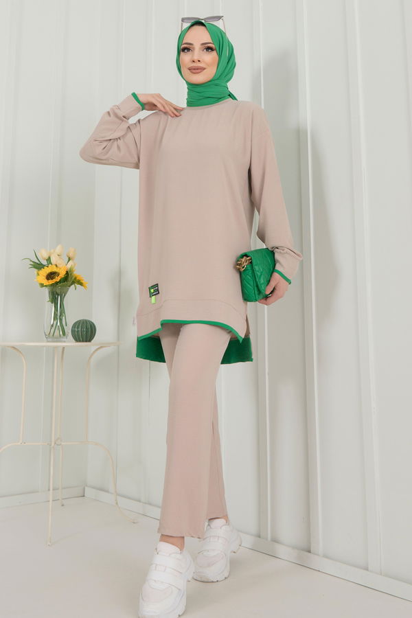 Düz Bisiklet Yaka Kadın Bej Tunik+Pantolon - 22351 BEJ