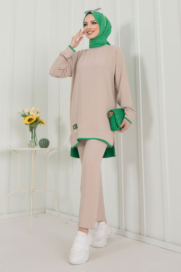 Düz Bisiklet Yaka Kadın Bej Tunik+Pantolon - 22351 BEJ