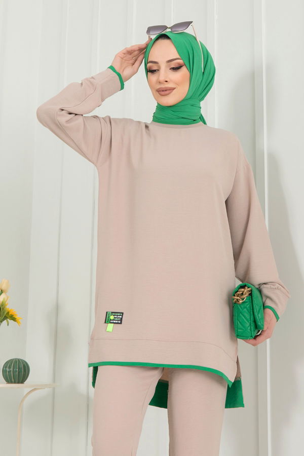 Düz Bisiklet Yaka Kadın Bej Tunik+Pantolon - 22351 BEJ