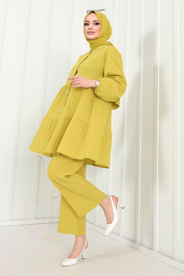 Düz Hakim Yaka Kadın Yeşil Tunik+Pantolon - 22291 YEŞİL