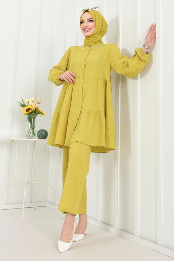 Düz Hakim Yaka Kadın Yeşil Tunik+Pantolon - 22291 YEŞİL