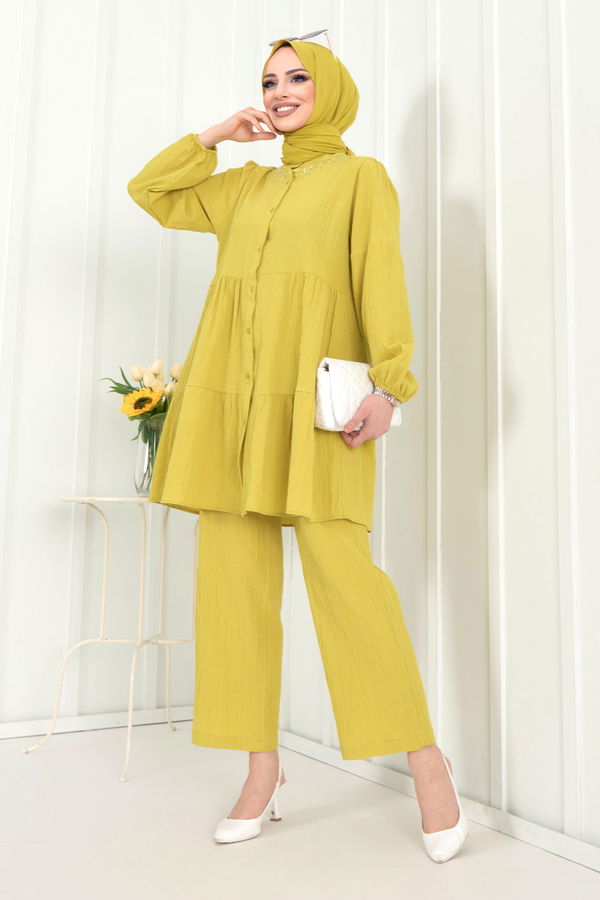 Düz Hakim Yaka Kadın Yeşil Tunik+Pantolon - 22291 YEŞİL