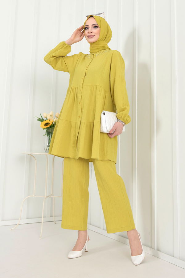 Düz Hakim Yaka Kadın Yeşil Tunik+Pantolon - 22291 YEŞİL