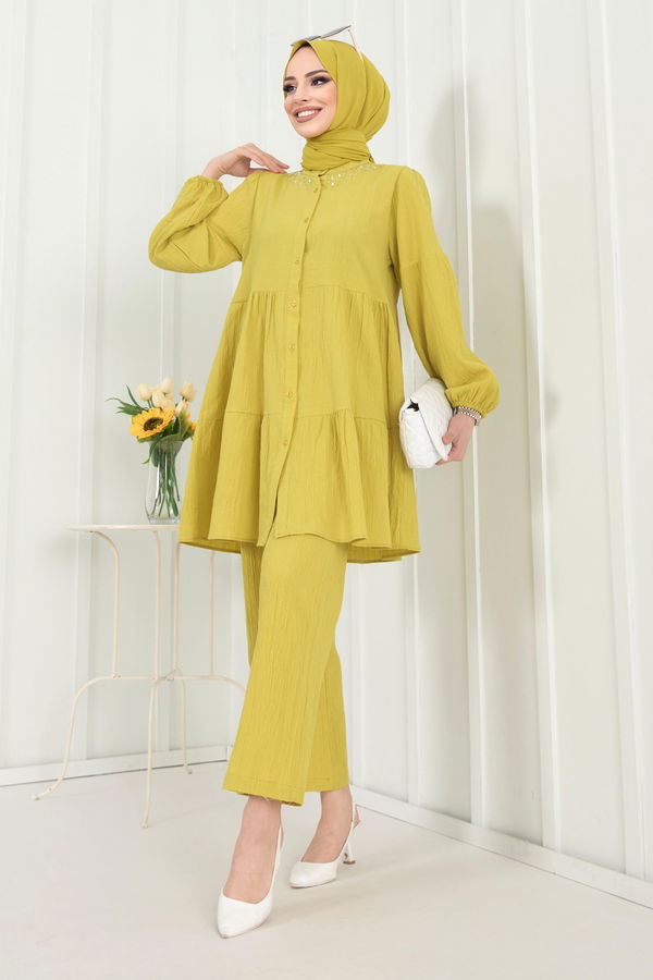 Düz Hakim Yaka Kadın Yeşil Tunik+Pantolon - 22291 YEŞİL