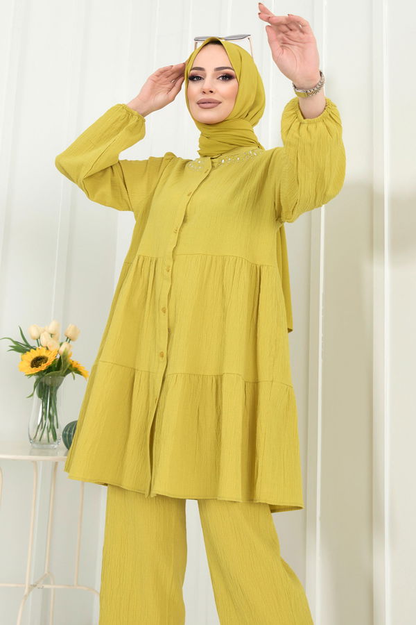 Düz Hakim Yaka Kadın Yeşil Tunik+Pantolon - 22291 YEŞİL