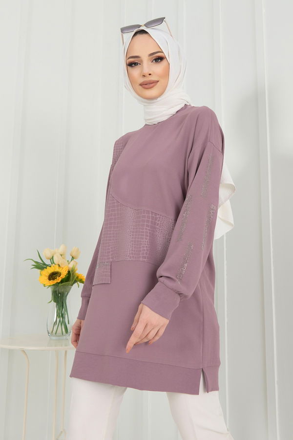 Düz Bisiklet Yaka Kadın Pembe Tunik - 22346
