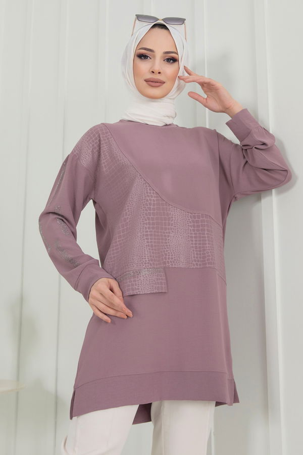 Düz Bisiklet Yaka Kadın Pembe Tunik - 22346