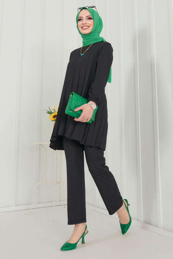 Düz Bisiklet Yaka Kadın Siyah Tunik+Pantolon - 22392