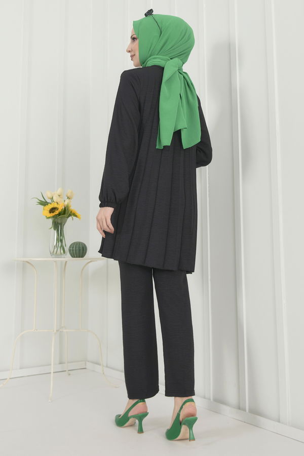 Düz Bisiklet Yaka Kadın Siyah Tunik+Pantolon - 22392