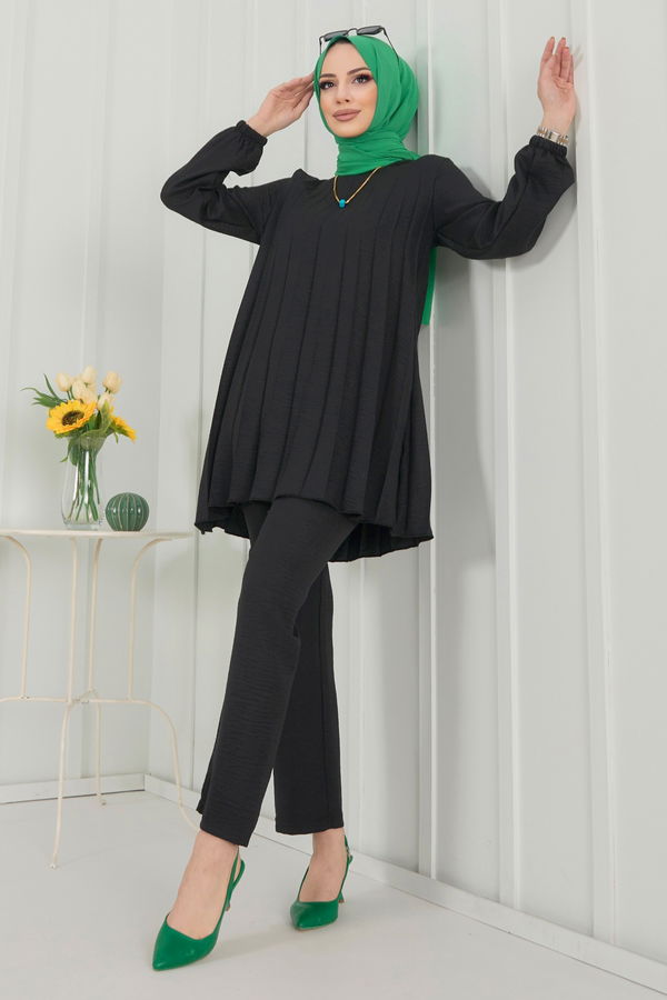 Düz Bisiklet Yaka Kadın Siyah Tunik+Pantolon - 22392