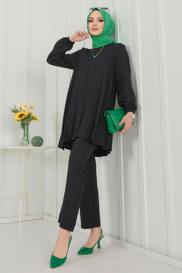 Düz Bisiklet Yaka Kadın Siyah Tunik+Pantolon - 22392