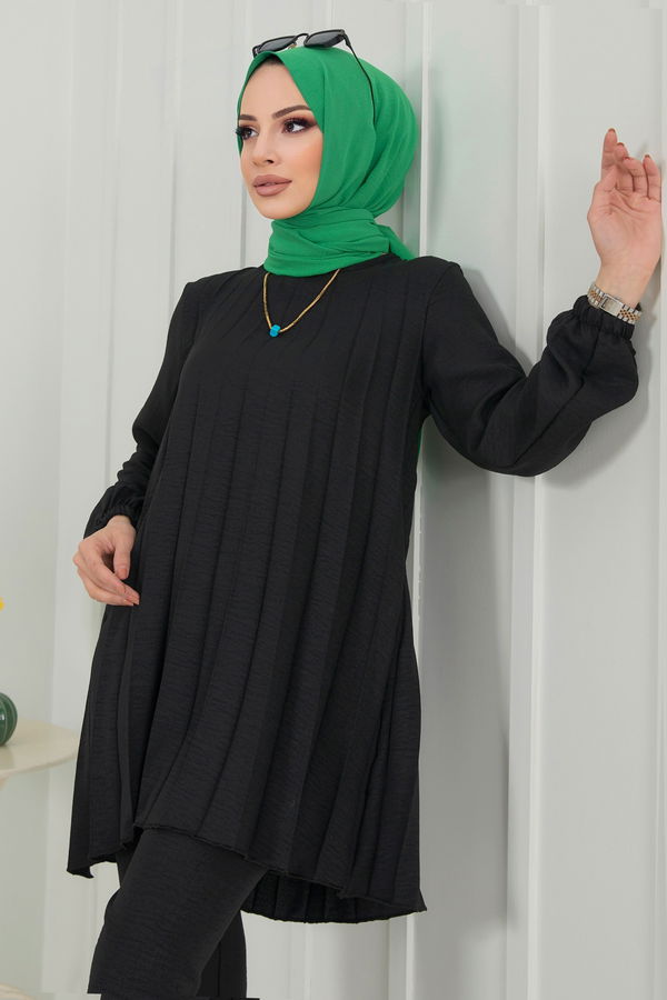 Düz Bisiklet Yaka Kadın Siyah Tunik+Pantolon - 22392