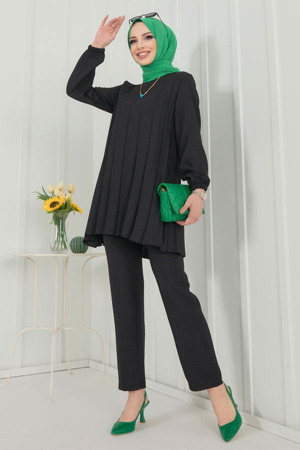 Düz Bisiklet Yaka Kadın Siyah Tunik+Pantolon - 22392