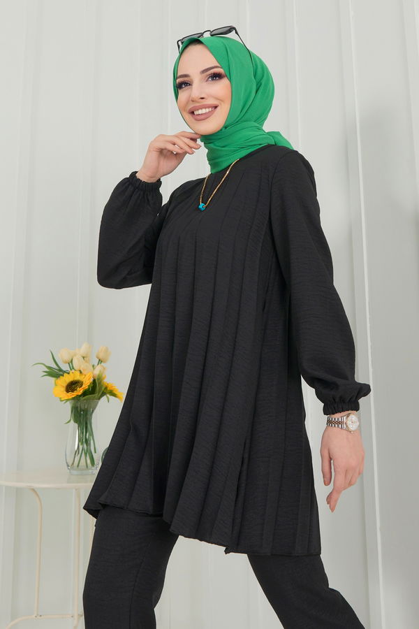 Düz Bisiklet Yaka Kadın Siyah Tunik+Pantolon - 22392