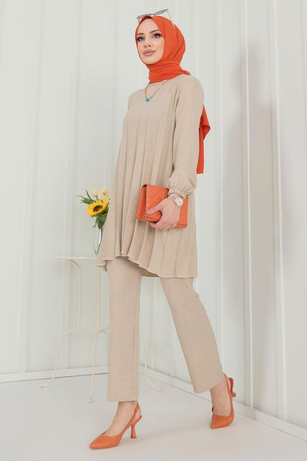 Düz Bisiklet Yaka Kadın Bej Tunik+Pantolon - 22392 BEJ