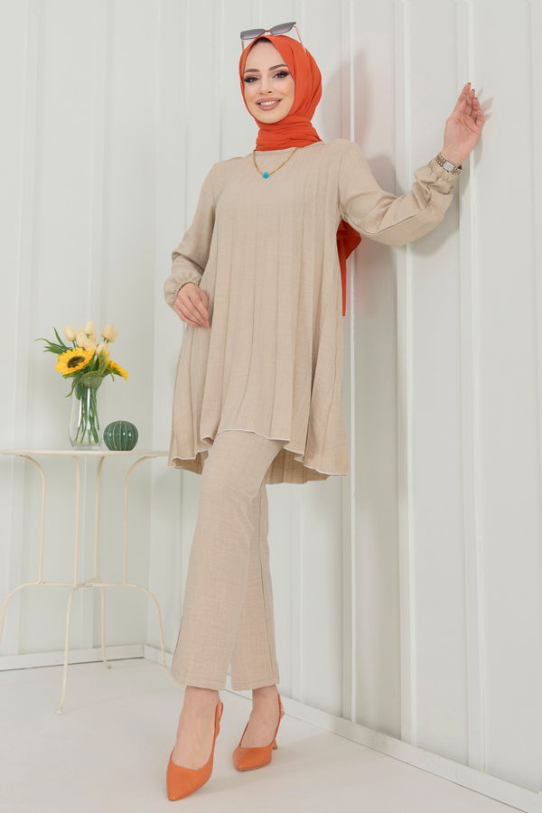 Düz Bisiklet Yaka Kadın Bej Tunik+Pantolon - 22392 BEJ