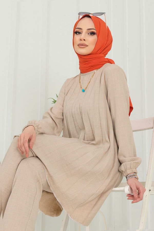 Düz Bisiklet Yaka Kadın Bej Tunik+Pantolon - 22392 BEJ