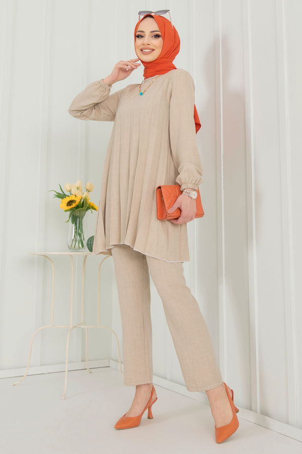 Düz Bisiklet Yaka Kadın Bej Tunik+Pantolon - 22392 BEJ