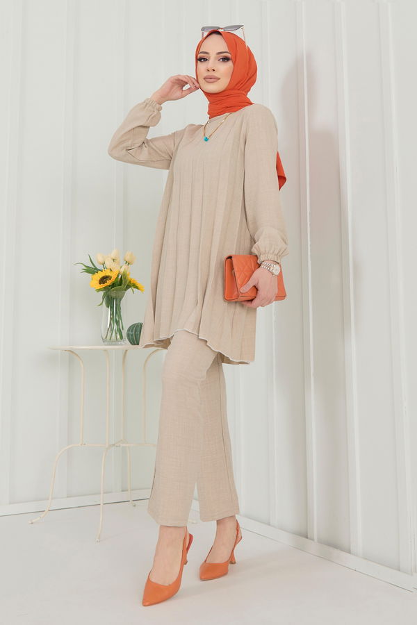 Düz Bisiklet Yaka Kadın Bej Tunik+Pantolon - 22392 BEJ