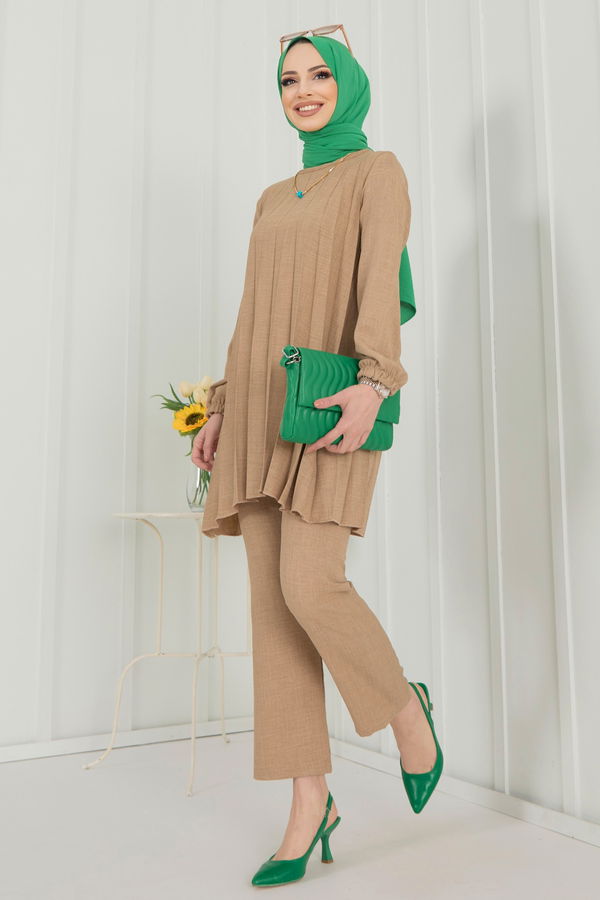 Düz Bisiklet Yaka Kadın Vizon Tunik+Pantolon - 22392 VİZON