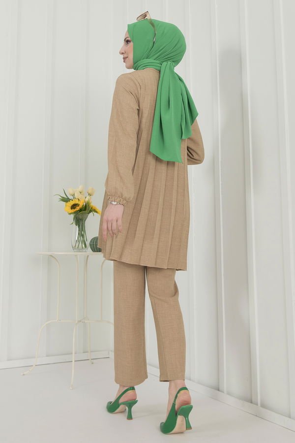 Düz Bisiklet Yaka Kadın Vizon Tunik+Pantolon - 22392 VİZON