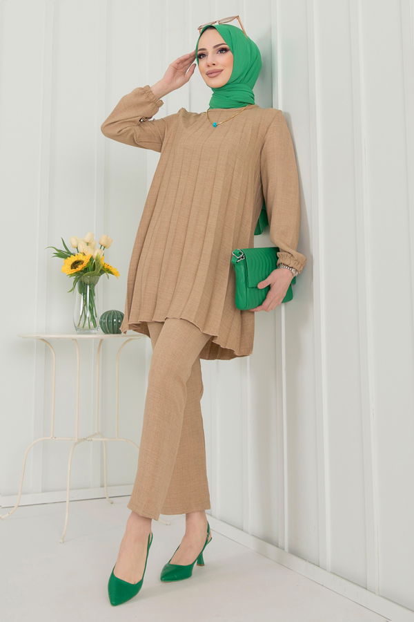 Düz Bisiklet Yaka Kadın Vizon Tunik+Pantolon - 22392 VİZON