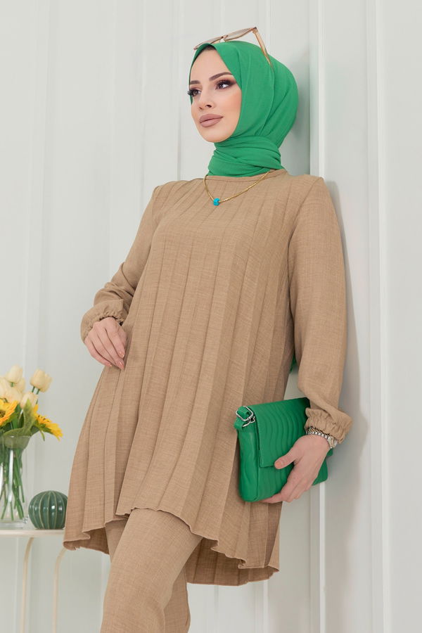 Düz Bisiklet Yaka Kadın Vizon Tunik+Pantolon - 22392 VİZON