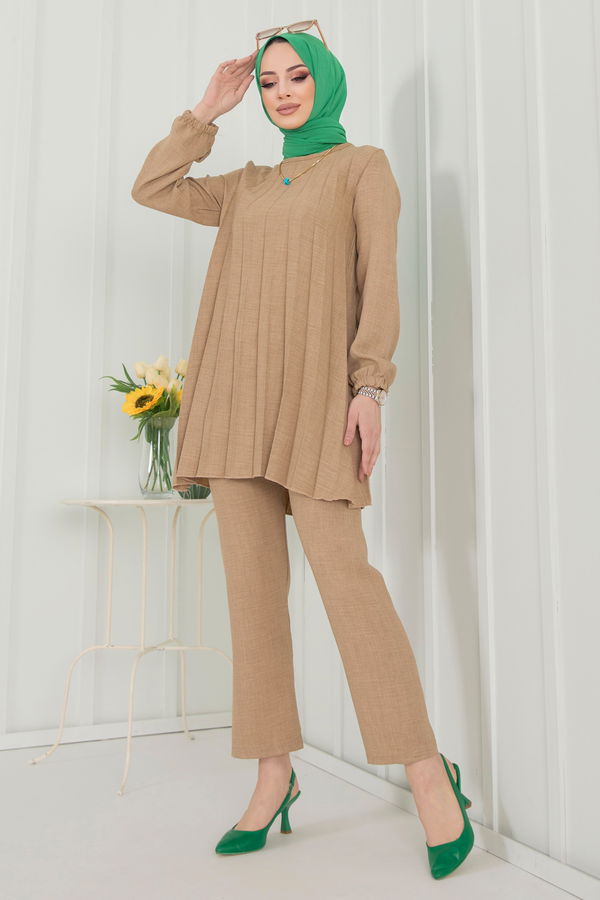 Düz Bisiklet Yaka Kadın Vizon Tunik+Pantolon - 22392 VİZON