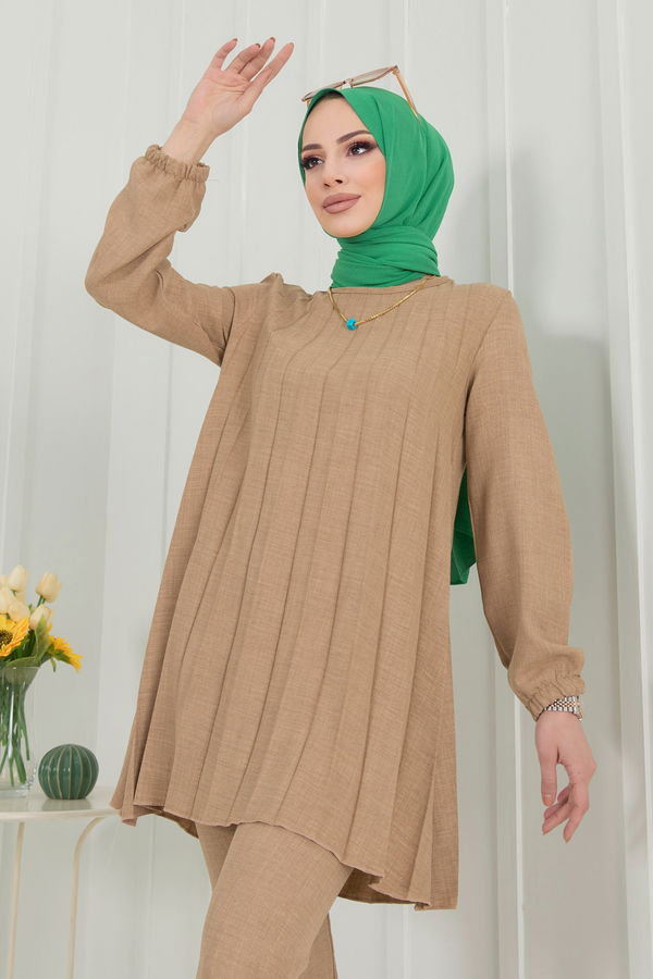 Düz Bisiklet Yaka Kadın Vizon Tunik+Pantolon - 22392 VİZON