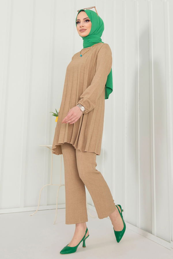Düz Bisiklet Yaka Kadın Vizon Tunik+Pantolon - 22392 VİZON