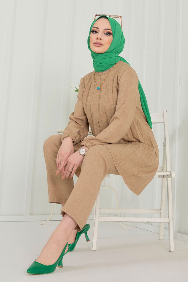 Düz Bisiklet Yaka Kadın Vizon Tunik+Pantolon - 22392 VİZON