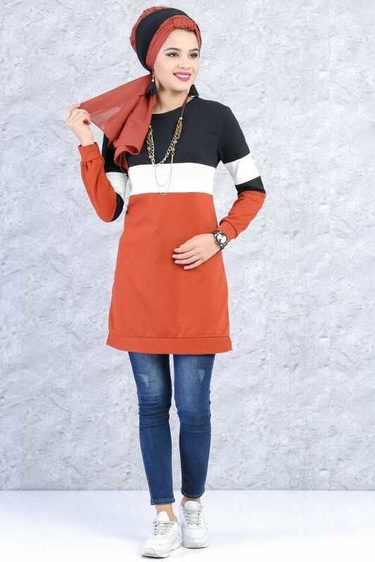 Düz Orta Kadın Kiremit Spor Tunik  - 6253 KİREMİT