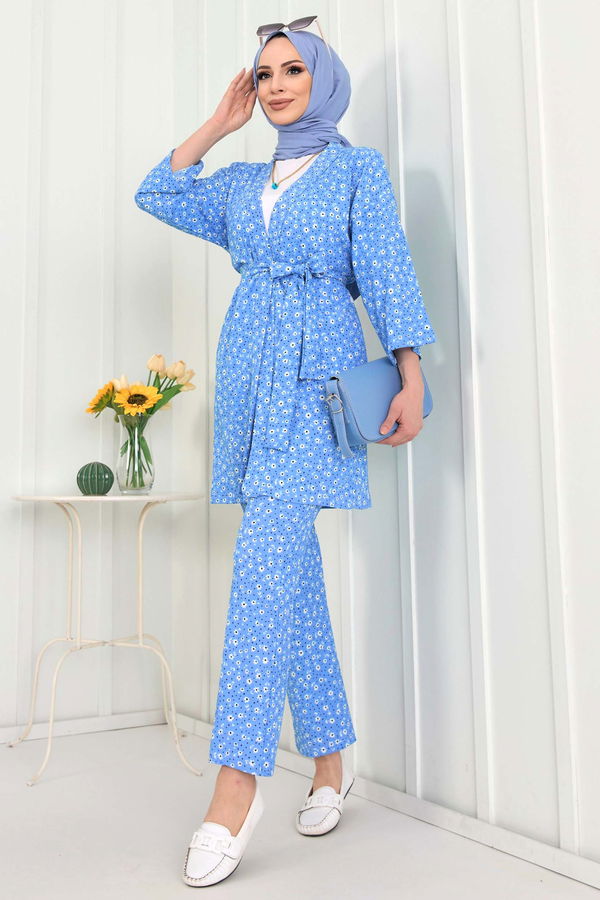 Düz Orta Kadın Mavi kimono+Pantolon - 22455