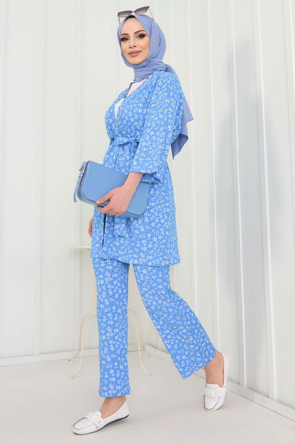 Düz Orta Kadın Mavi kimono+Pantolon - 22455