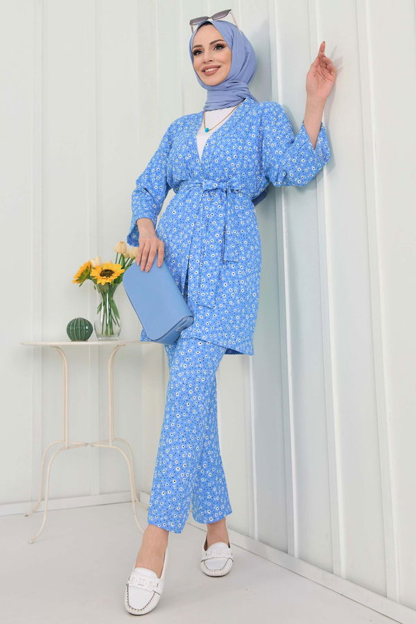 Düz Orta Kadın Mavi kimono+Pantolon - 22455