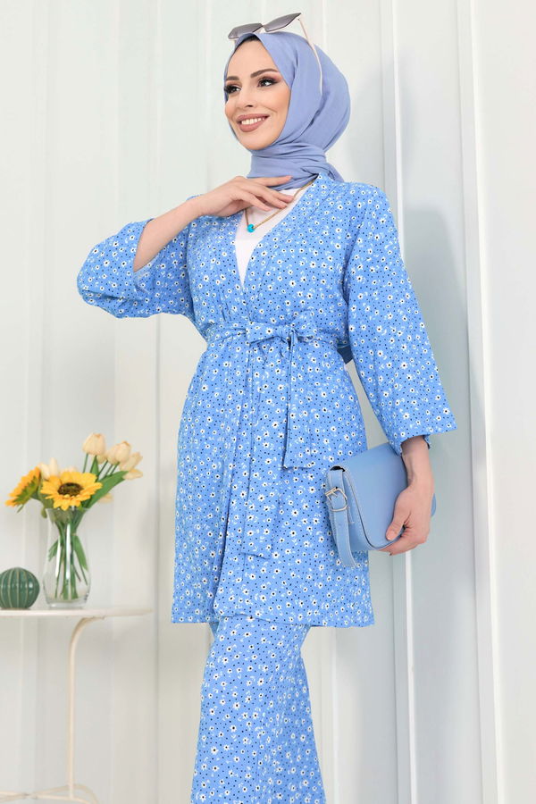 Düz Orta Kadın Mavi kimono+Pantolon - 22455