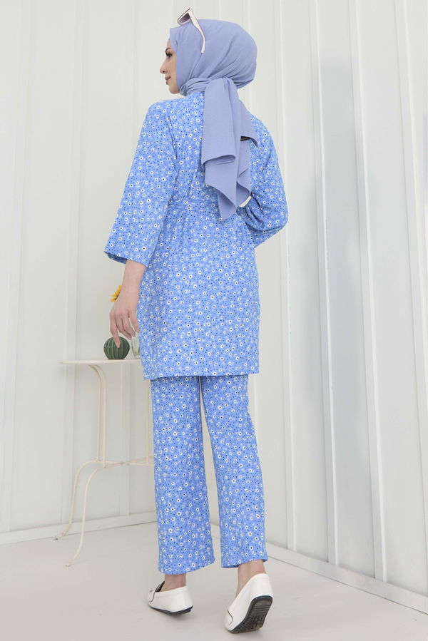Düz Orta Kadın Mavi kimono+Pantolon - 22455