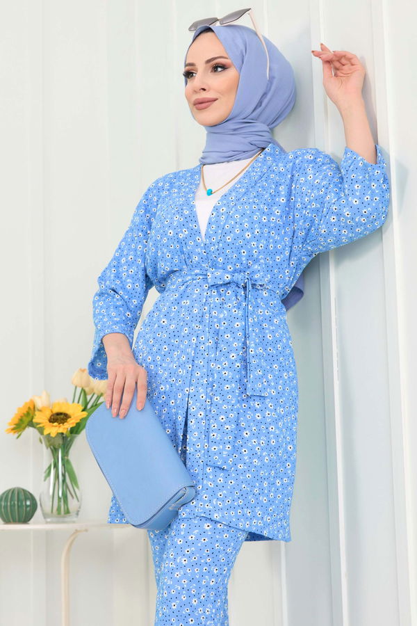 Düz Orta Kadın Mavi kimono+Pantolon - 22455