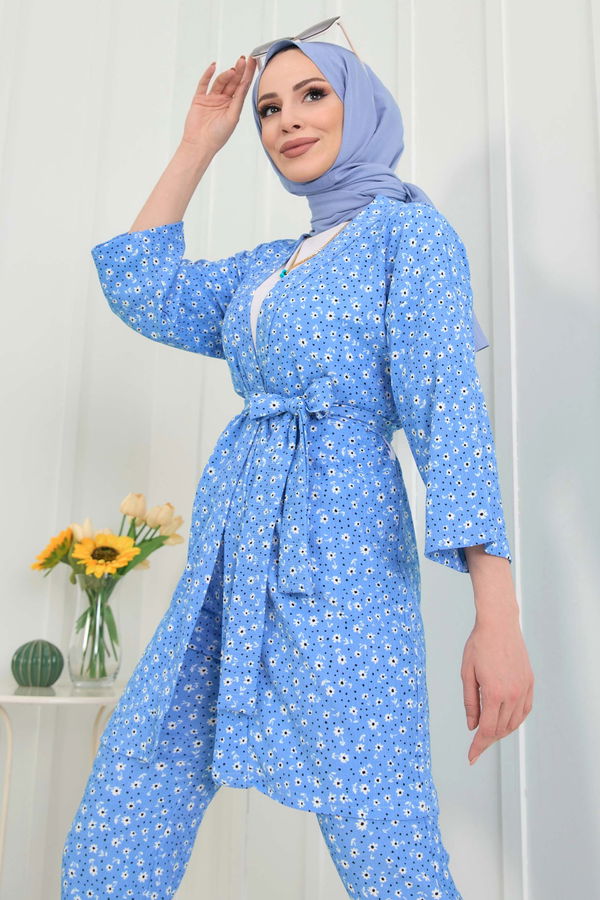 Düz Orta Kadın Mavi kimono+Pantolon - 22455