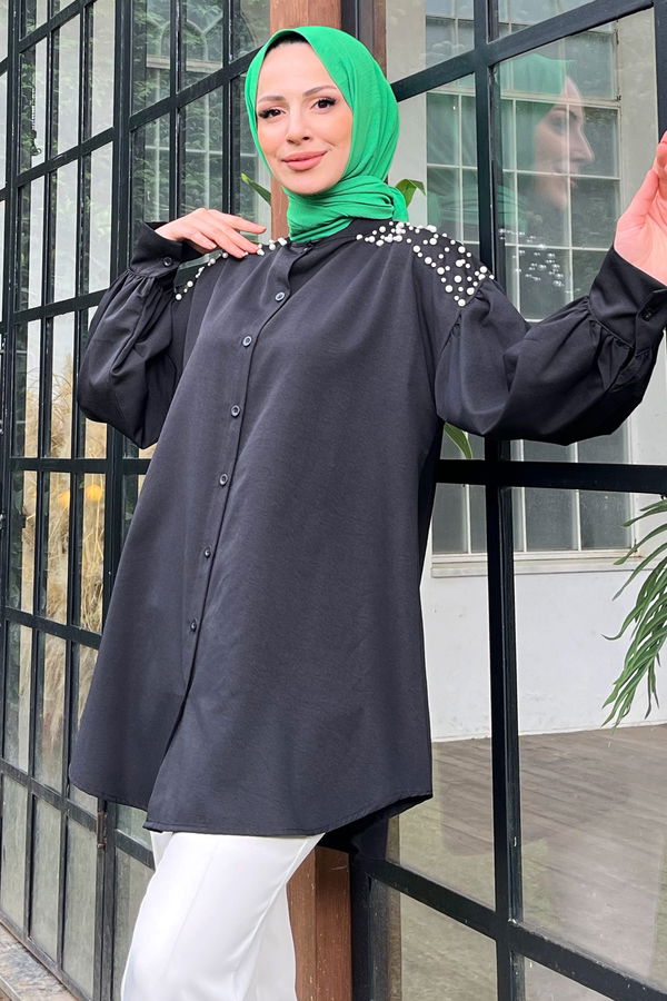 Düz Hakim Yaka Kadın Siyah Tunik - 11632