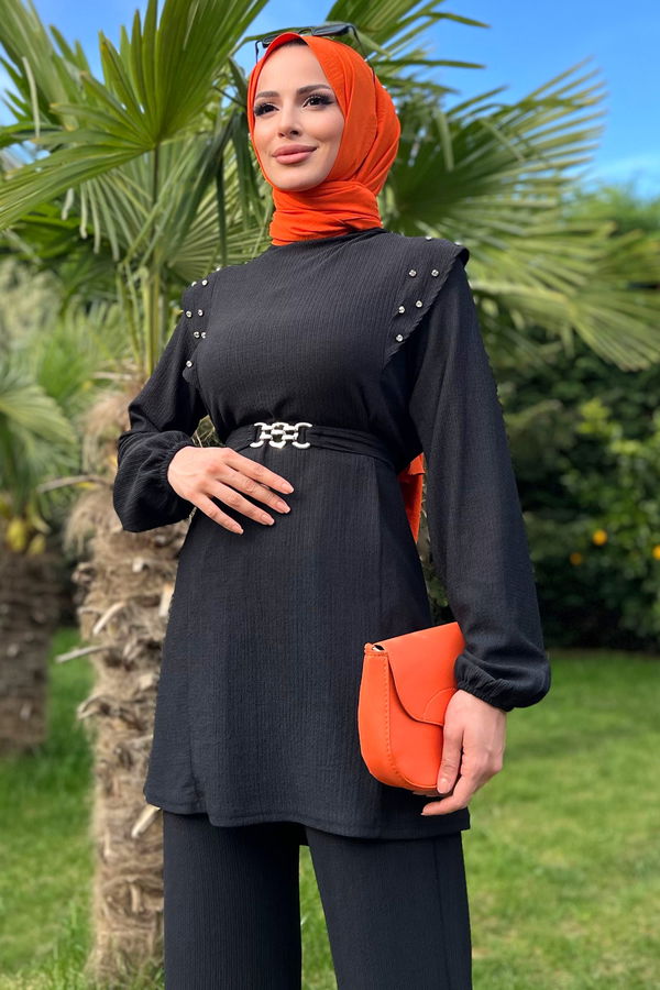 Düz Bisiklet Yaka Kadın Siyah Tunik Pantolon - 11527