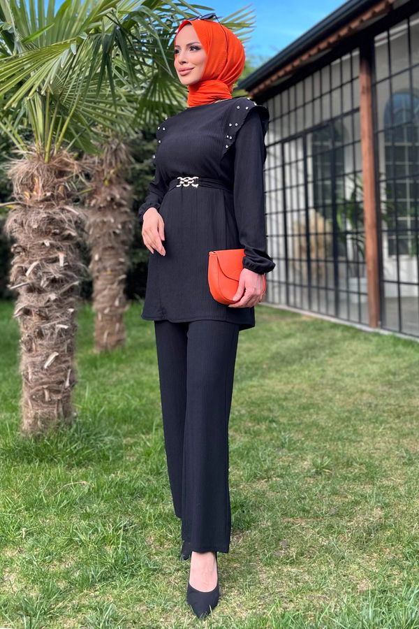Düz Bisiklet Yaka Kadın Siyah Tunik Pantolon - 11527