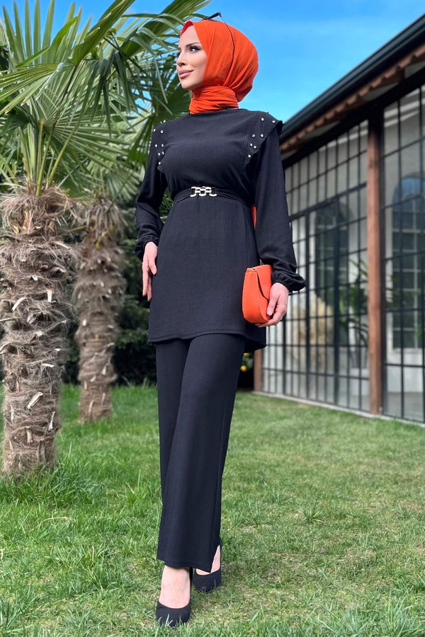 Düz Bisiklet Yaka Kadın Siyah Tunik Pantolon - 11527