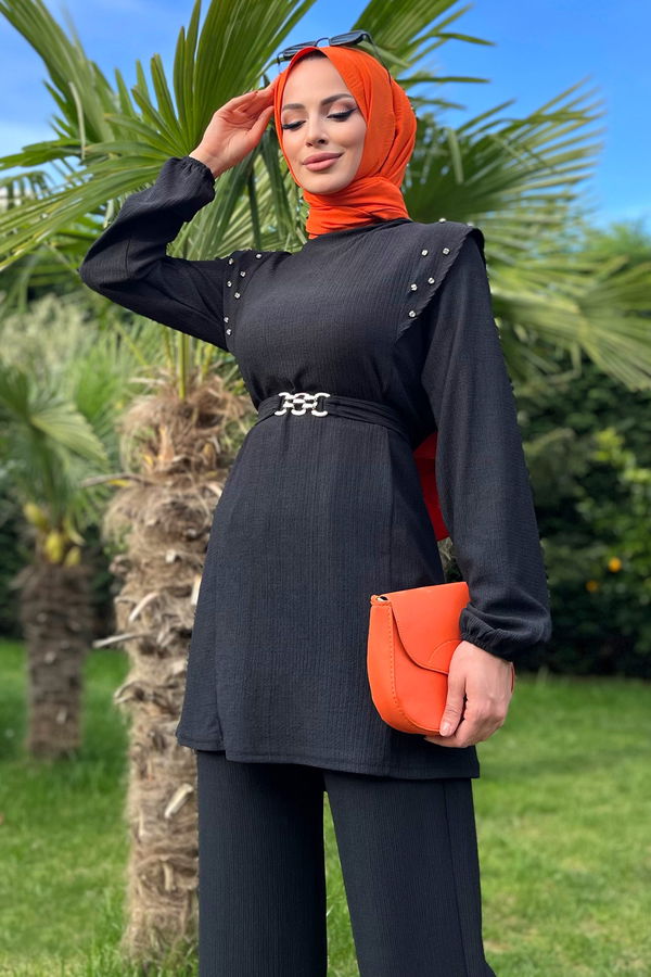 Düz Bisiklet Yaka Kadın Siyah Tunik Pantolon - 11527