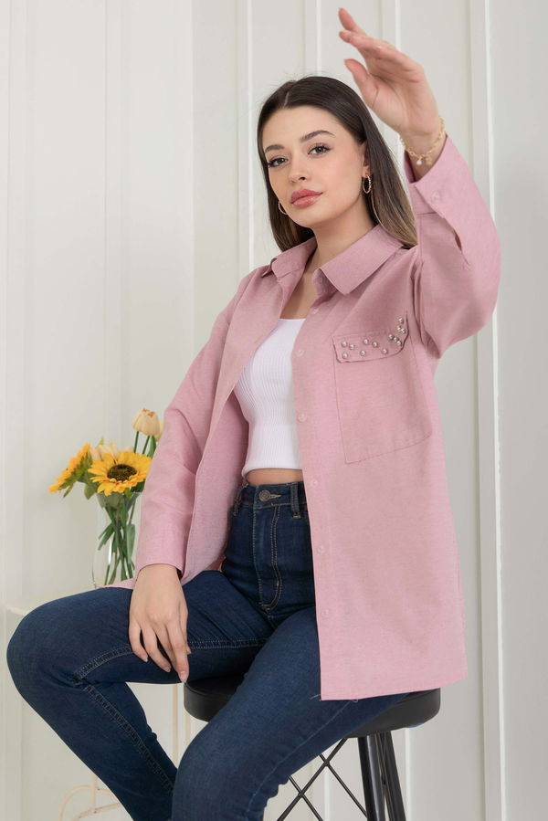Düz Gömlek Yaka Kadın Pembe Gömlek - 11469